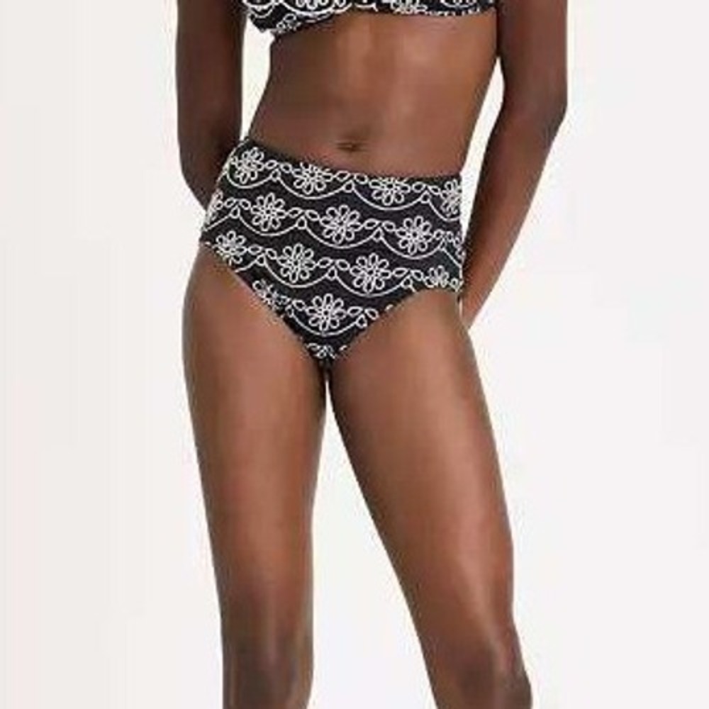 Kate Spade Black Floral Eyelet High Waist Bikini Bottoms Size S Preppy‎ Resort
